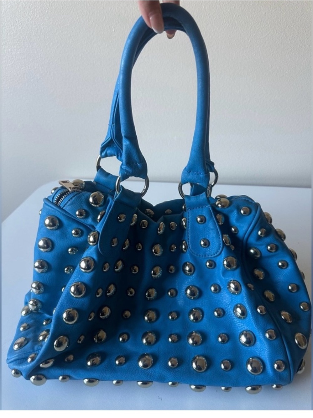 Bam Forever Blue Stud Silver Leather Tote Bag Handbag